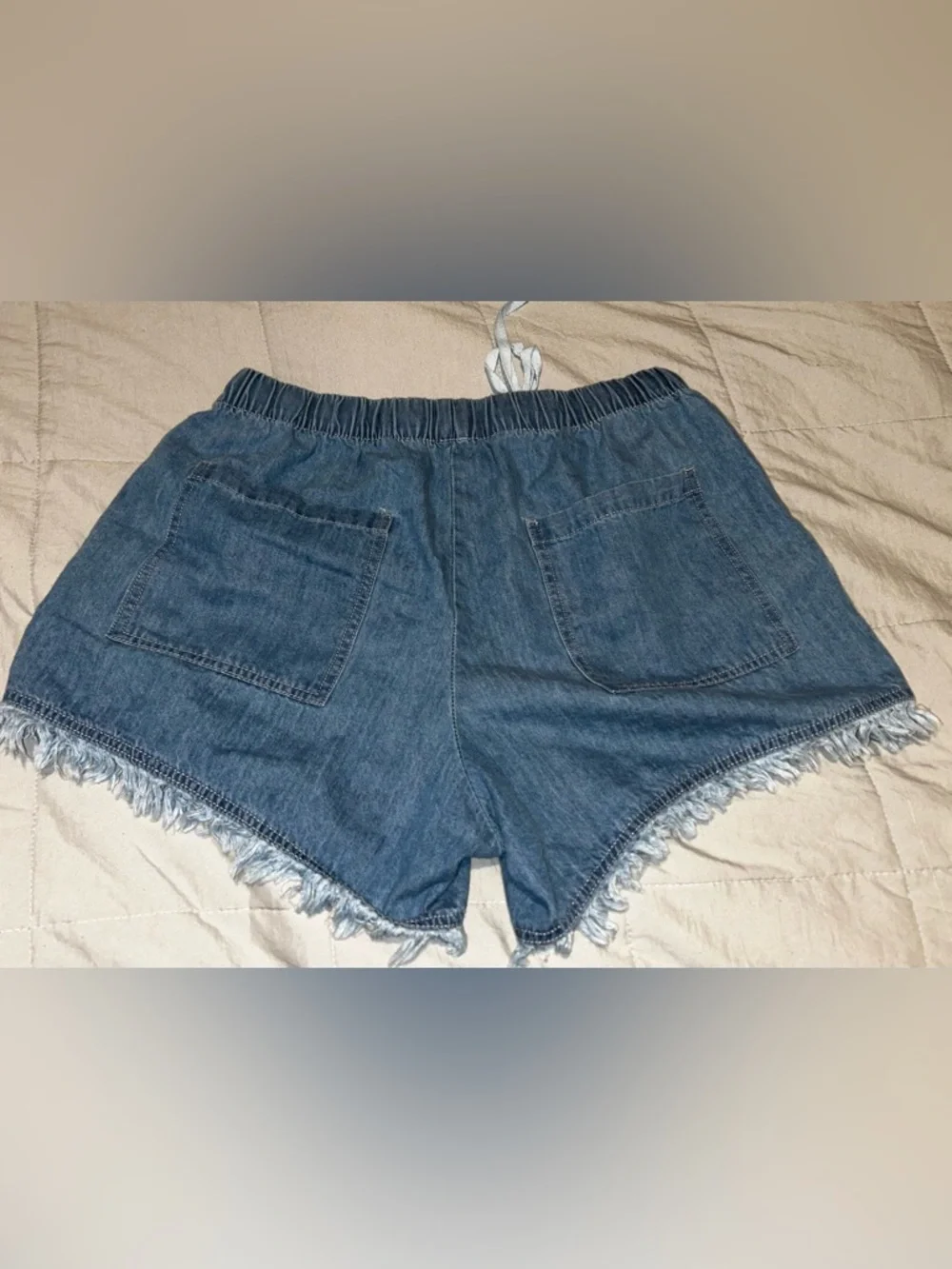 Denim Frayed Hem Women's Drawstring Shorts - Blue - Picture 2 of 3